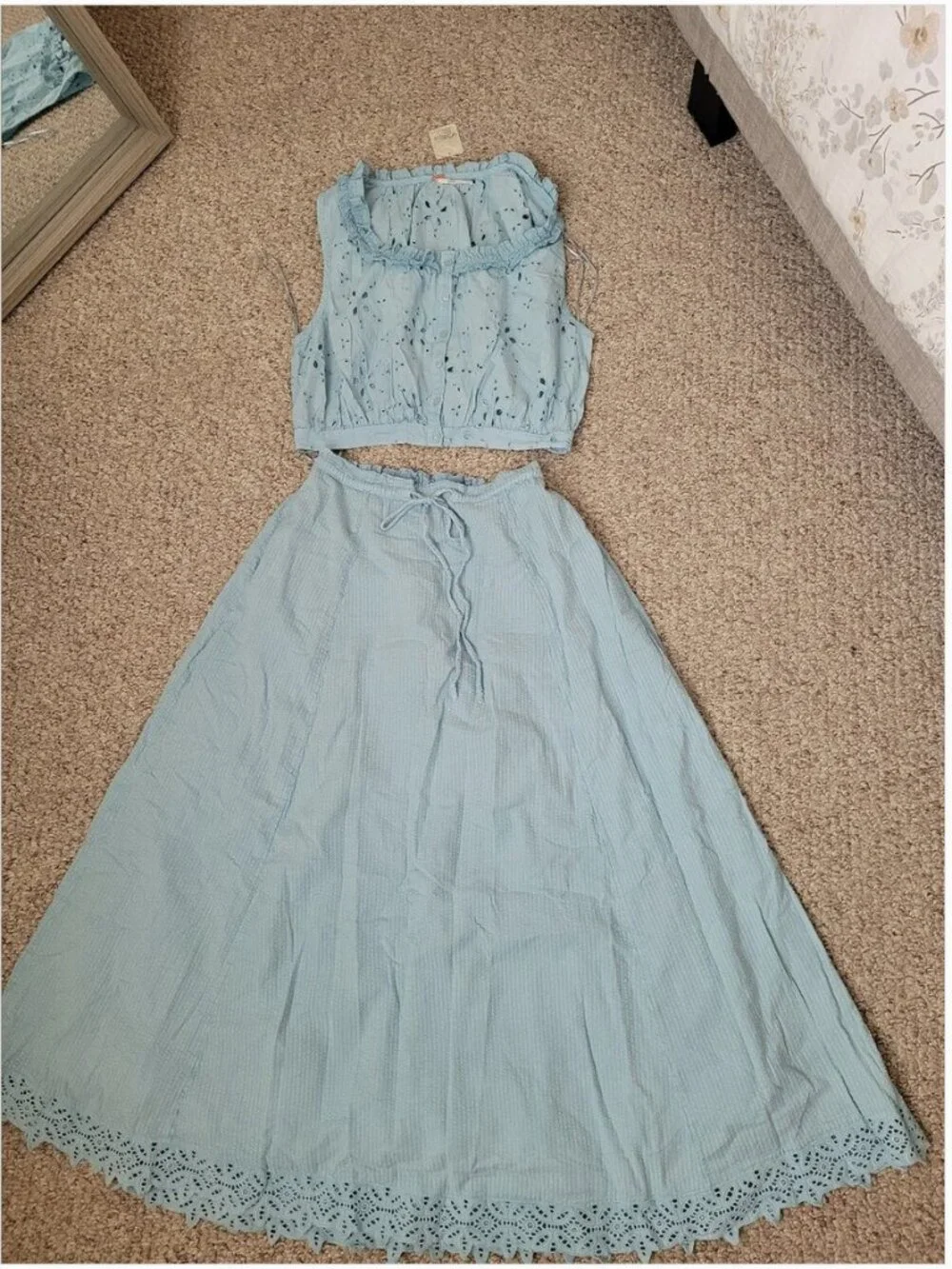 Free People NWT Maxi Skirt & Cropped Top Set Embroidered Eyelet Cotton size L